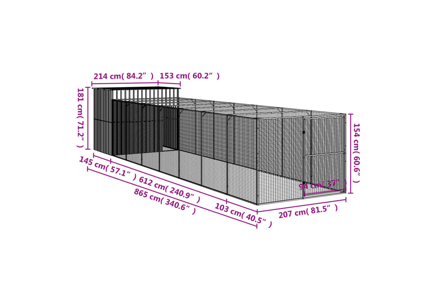 vidaXL 3189122 Dog House With Run Anthracite 214x865x181cm Galvanised Steel-8