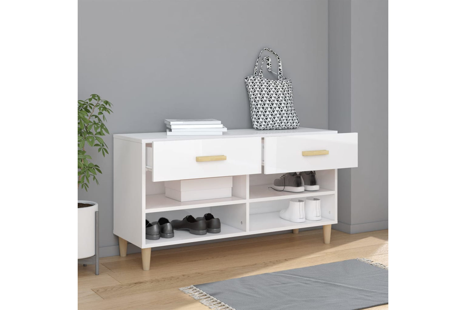 vidaXL 812822 Shoe Cabinet High Gloss White 102x35x55cm Engineered Wood-2