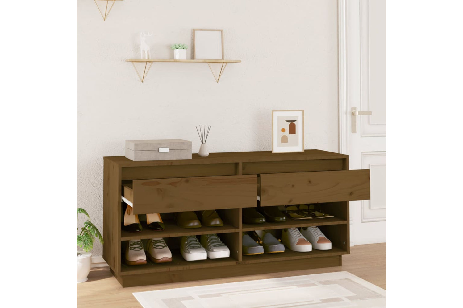 vidaXL 814447 Shoe Cabinet Honey Brown 110x34x52cm Solid Wood Pine-2