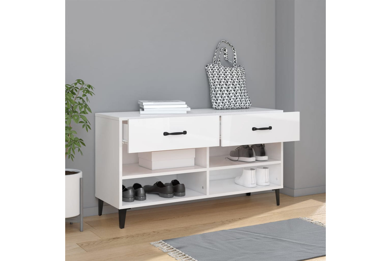 vidaXL 812831 Shoe Cabinet High Gloss White 102x35x55cm Engineered Wood-2