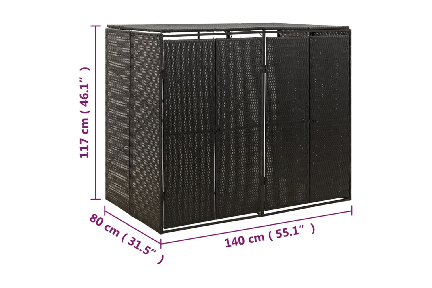 vidaXL 319861 Double Wheelie Bin Shed Black 140x80x117cm Poly Rattan-7