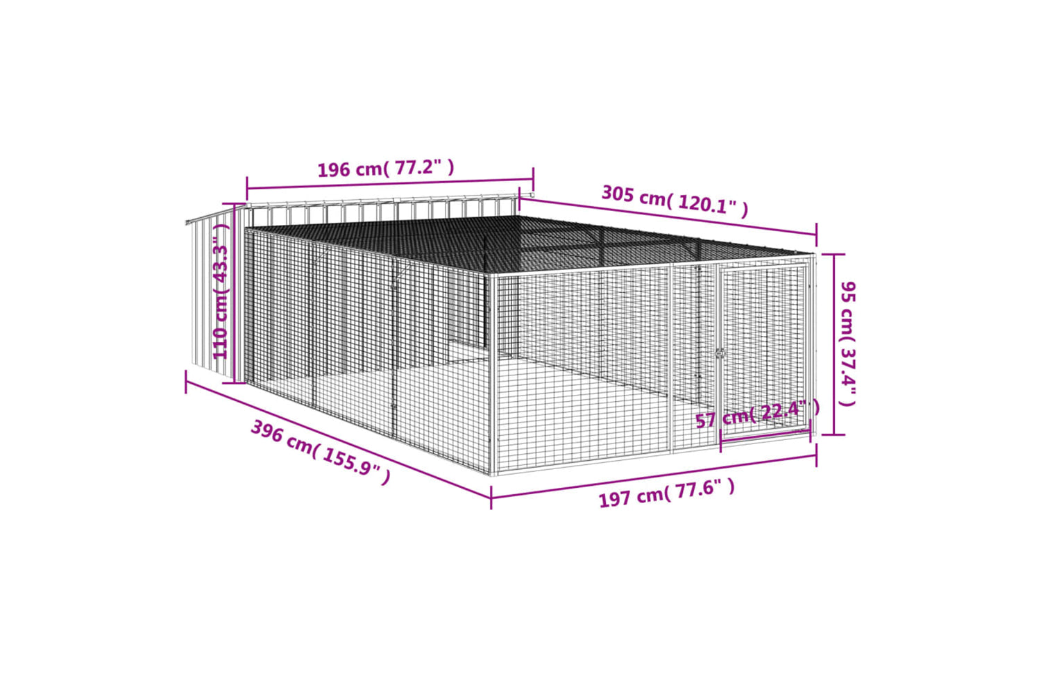 vidaXL 3214225 Dog House With Run Anthracite 197x396x110cm Galvanised Steel-8
