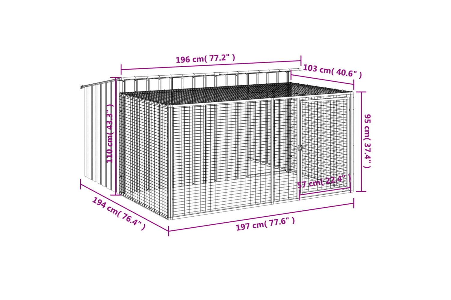 vidaXL 3214224 Dog House With Run Anthracite 197x194x110cm Galvanised Steel-8