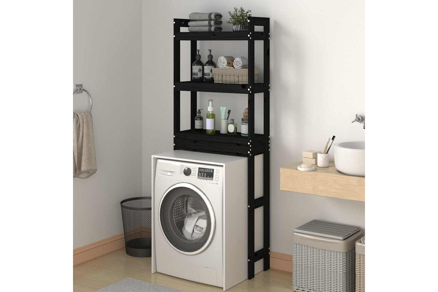 vidaXL 824662 Toilet Rack Black 63x26x171cm Solid Wood Pine-2