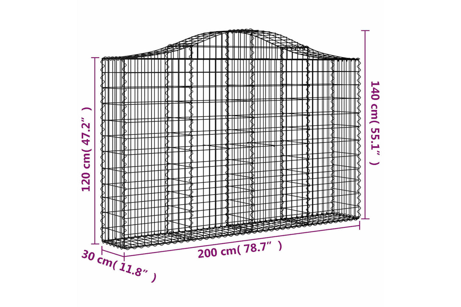 vidaXL 3145451 Arched Gabion Baskets 2 Pcs 200x30x120/140cm Galvanised Iron-5