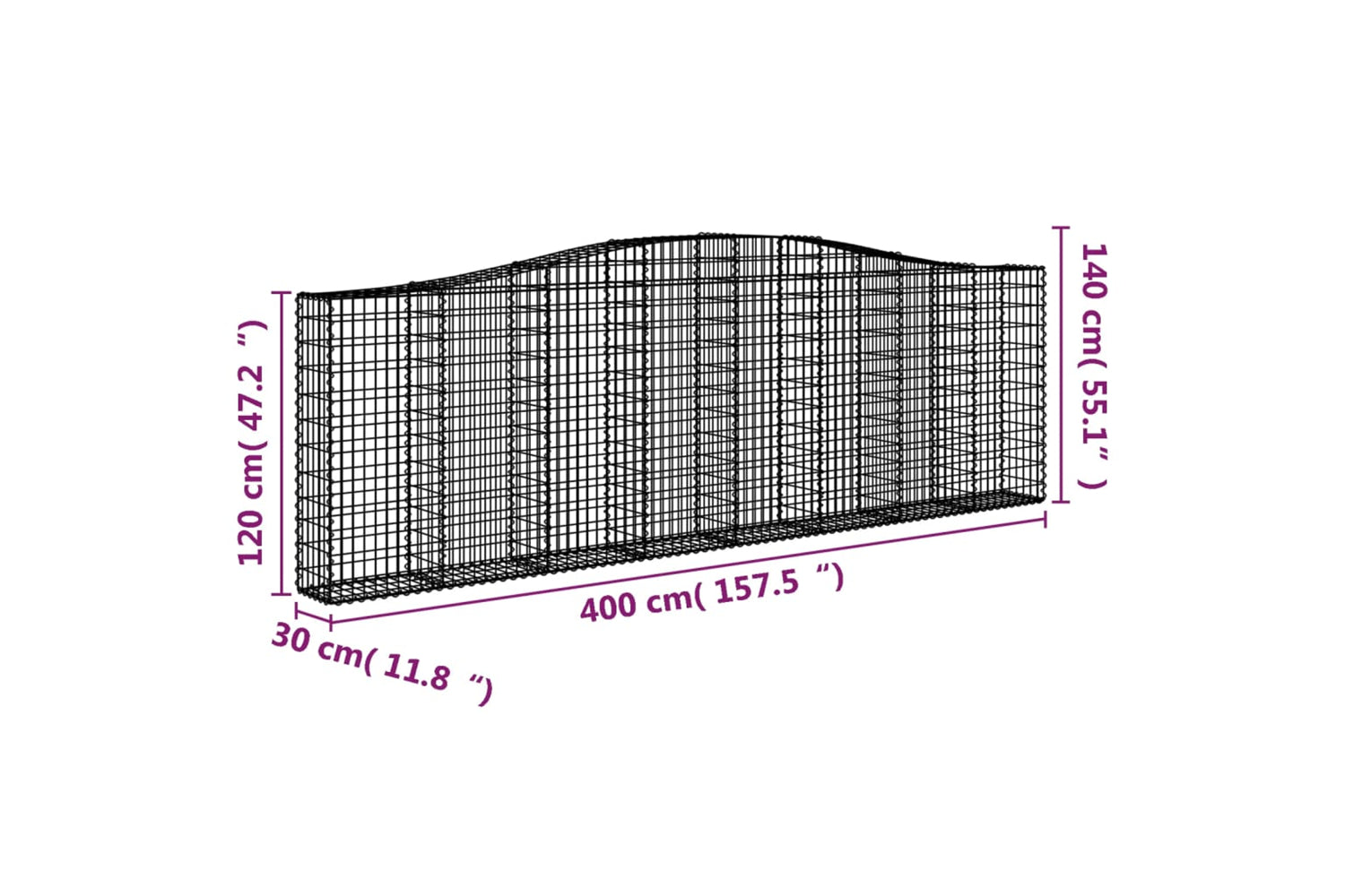 vidaXL 3145840 Arched Gabion Baskets 3 Pcs 400x30x120/140cm Galvanised Iron-5