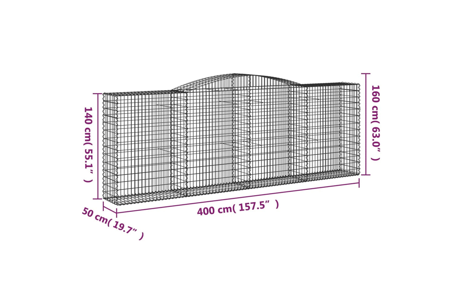 vidaXL 3147024 Arched Gabion Baskets 4 Pcs 400x50x140/160cm Galvanised Iron-5