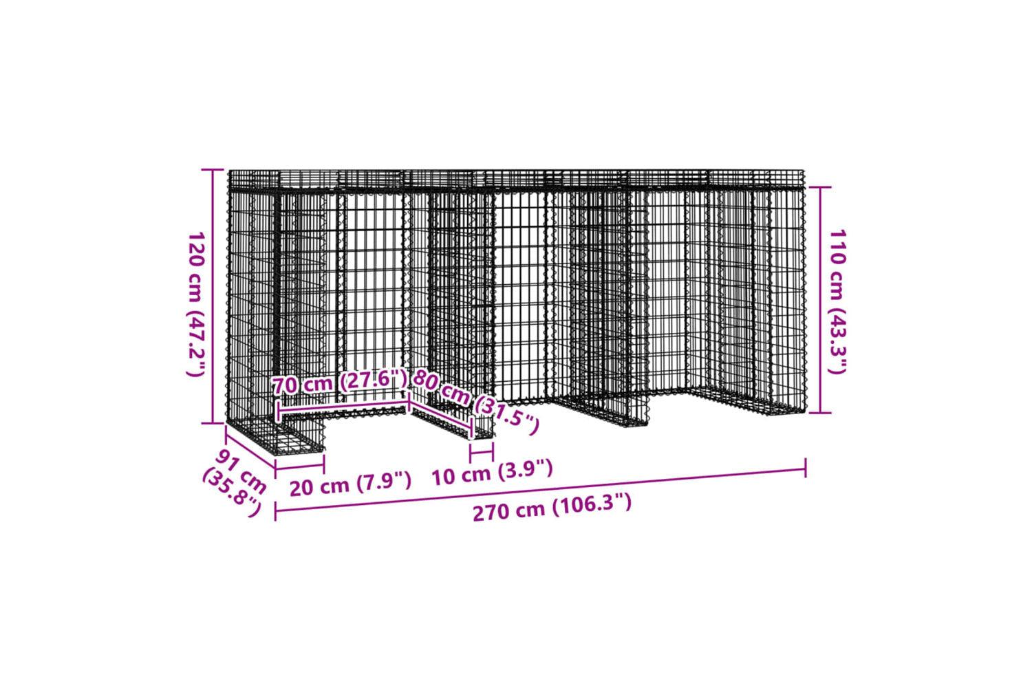 Vidaxl 151337 Gabion Wall For Garbage Bin 270x91x120 Cm Galvanised Iron-4