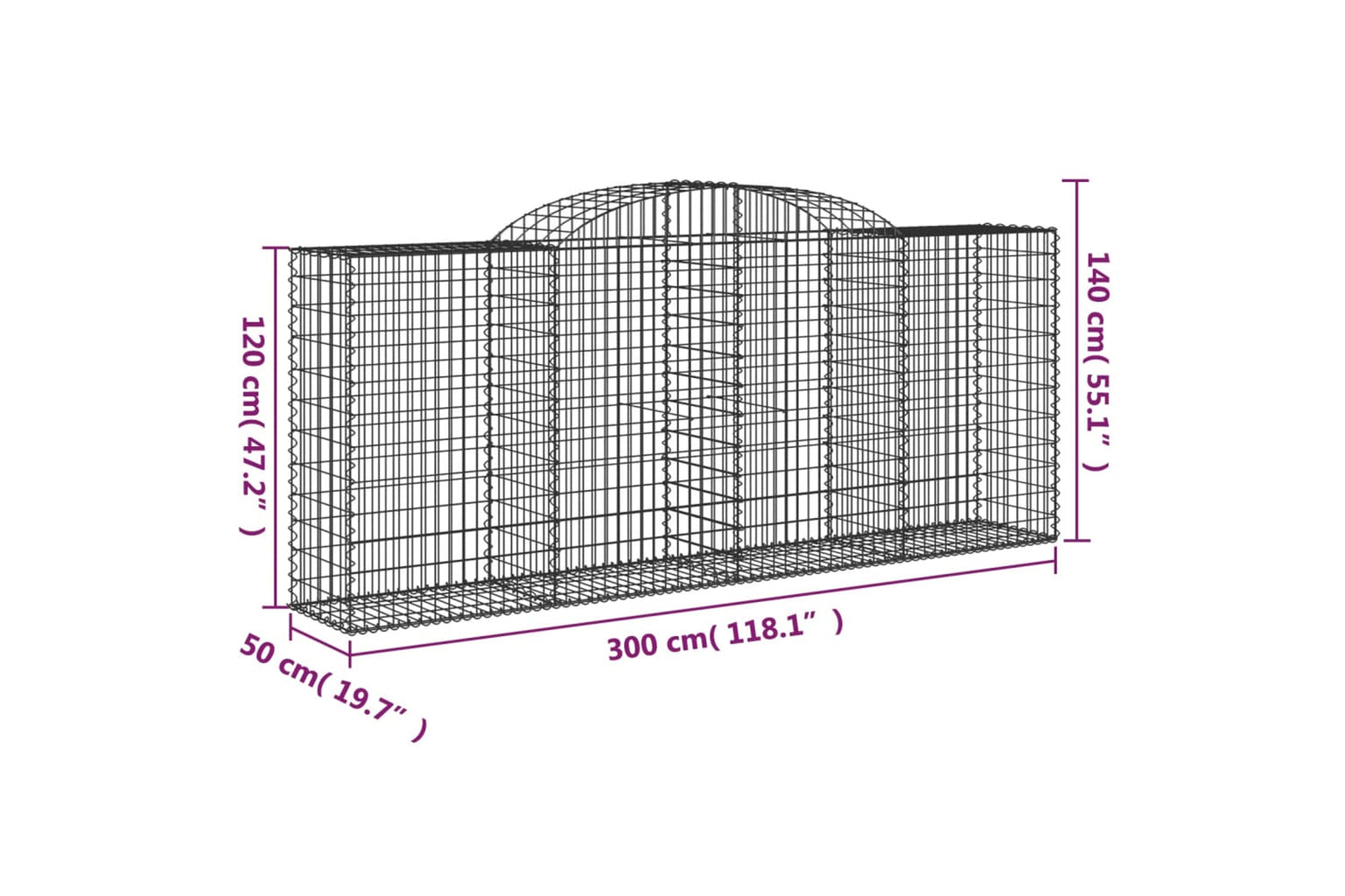 vidaXL 3146725 Arched Gabion Baskets 8 Pcs 300x50x120/140cm Galvanised Iron-5
