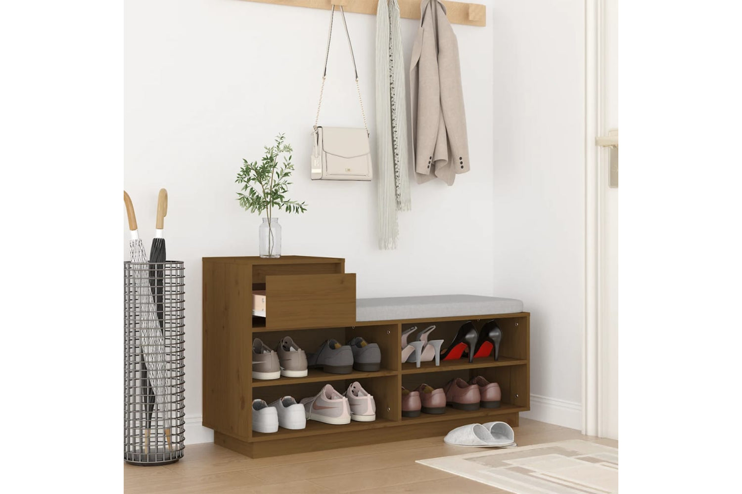 vidaXL 814452 Shoe Cabinet Honey Brown 110x34x61cm Solid Wood Pine-2