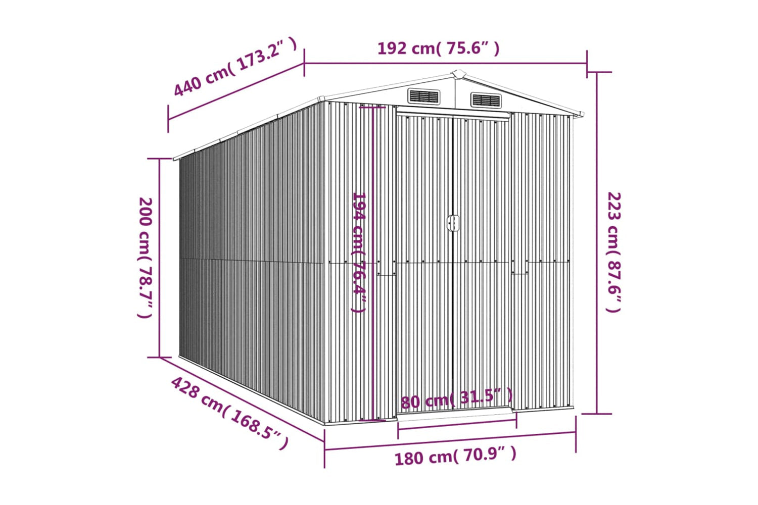 vidaXL 3147430 Garden Shed Green 192x440x223cm Galvanised Steel-7