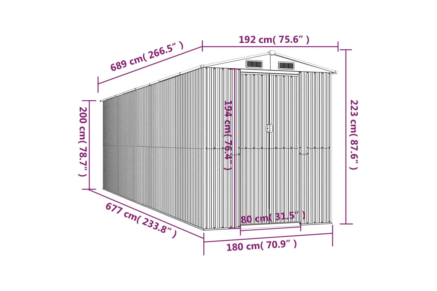 vidaXL 3147433 Garden Shed Green 192x689x223cm Galvanised Steel-7
