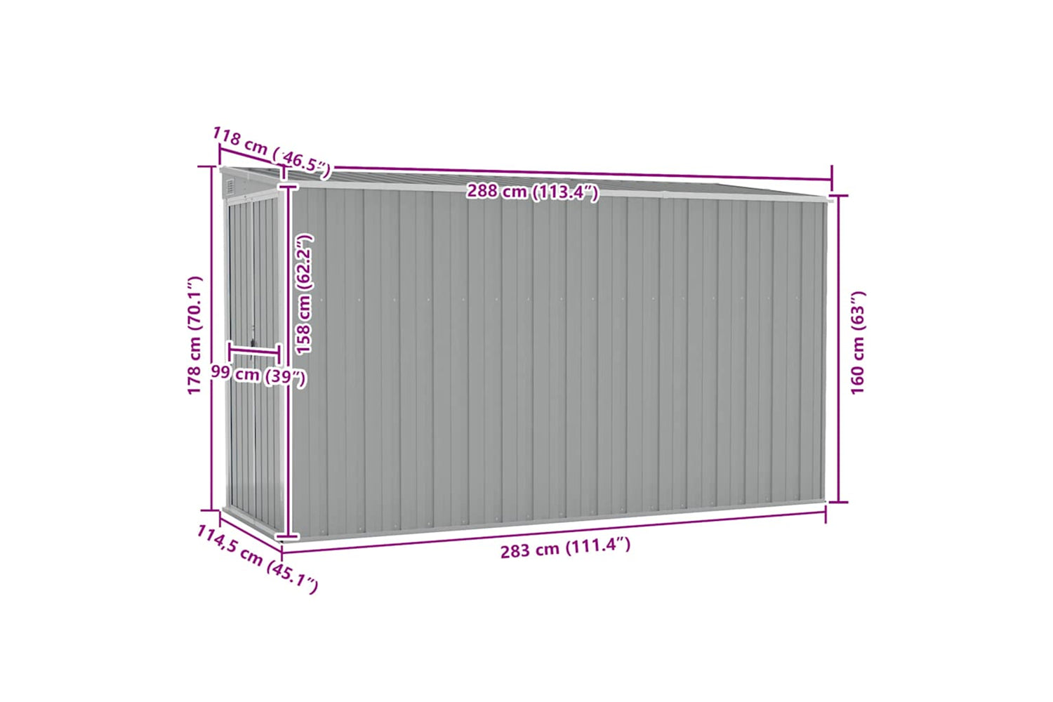 vidaXL 316226 Wall-mounted Garden Shed Grey 118x288x178cm Galvanised Steel-6