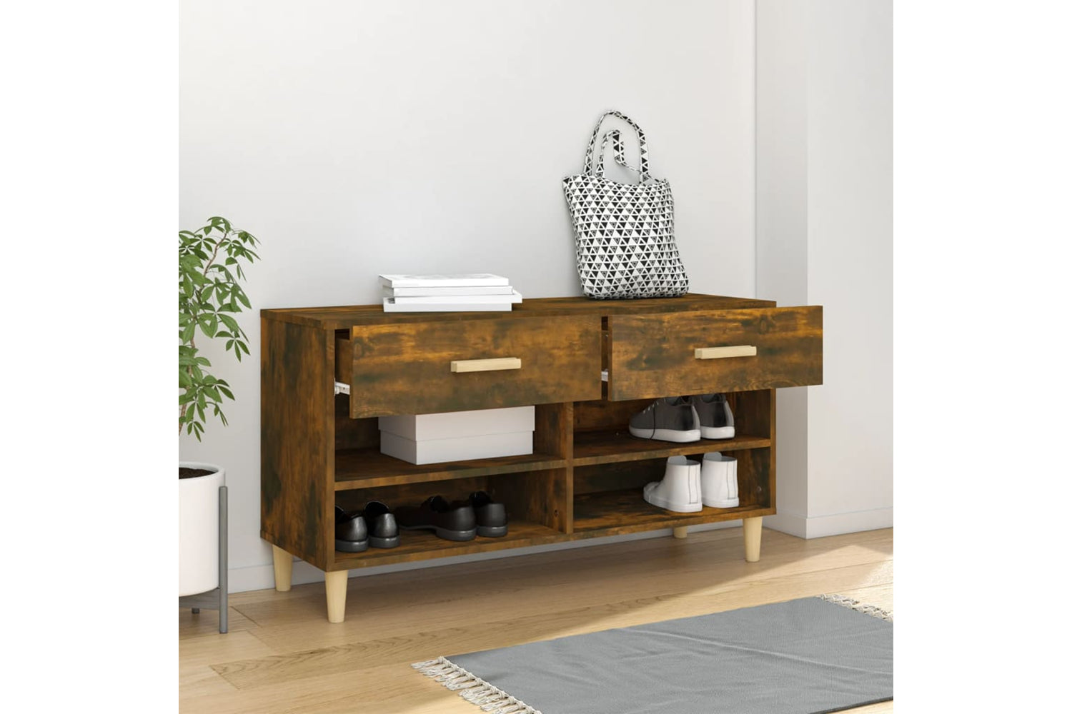 vidaXL 817567 Shoe Cabinet Smoked Oak 102x35x55cm Engineered Wood-2