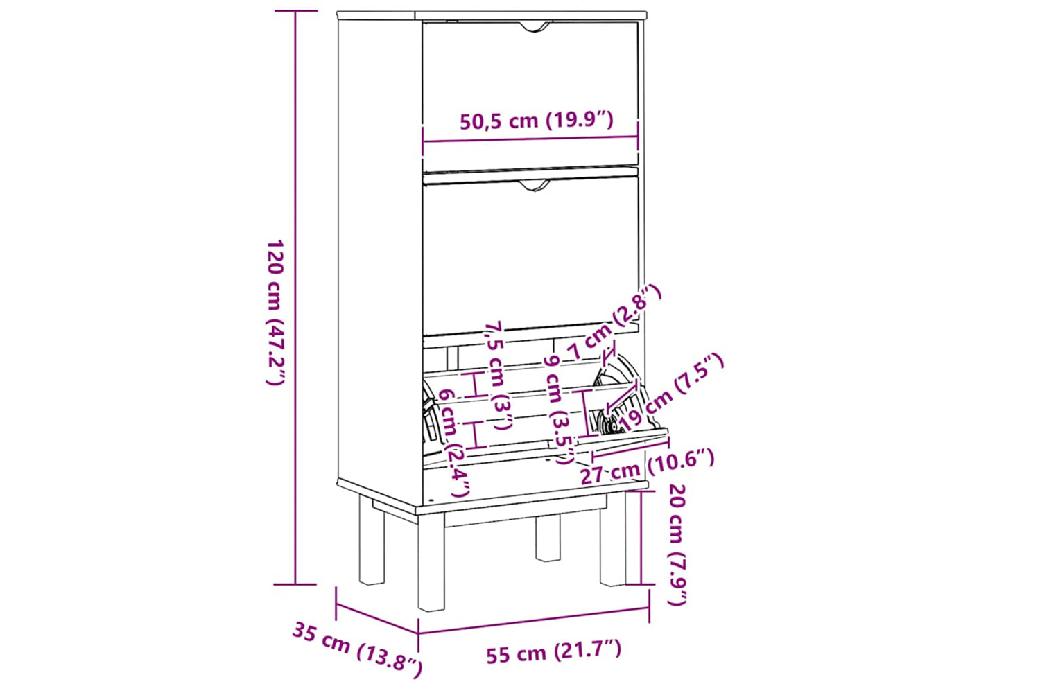 Vidaxl Shoe Cabinet Otta With 3 Drawers Brown&grey Solid Wood Pine-5