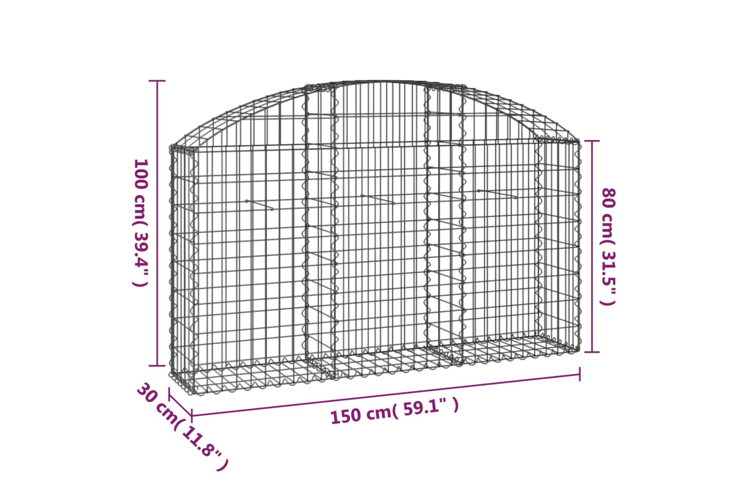 vidaXL 153444 Arched Gabion Basket 150x30x80/100cm Galvanised Iron-4