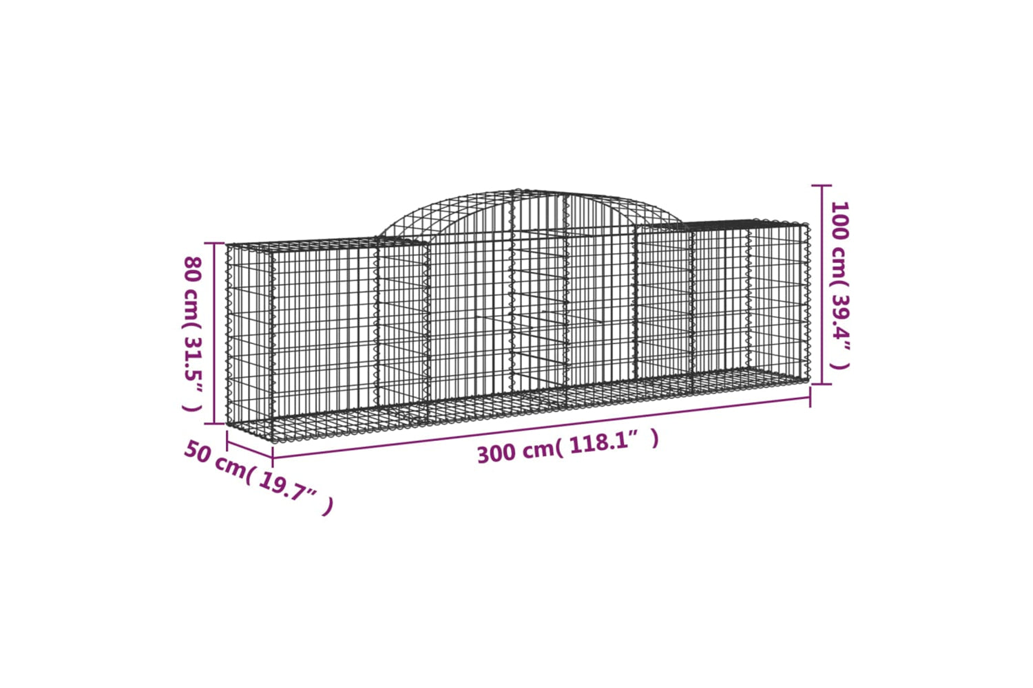vidaXL 153514 Arched Gabion Basket 300x50x80/100cm Galvanised Iron-4