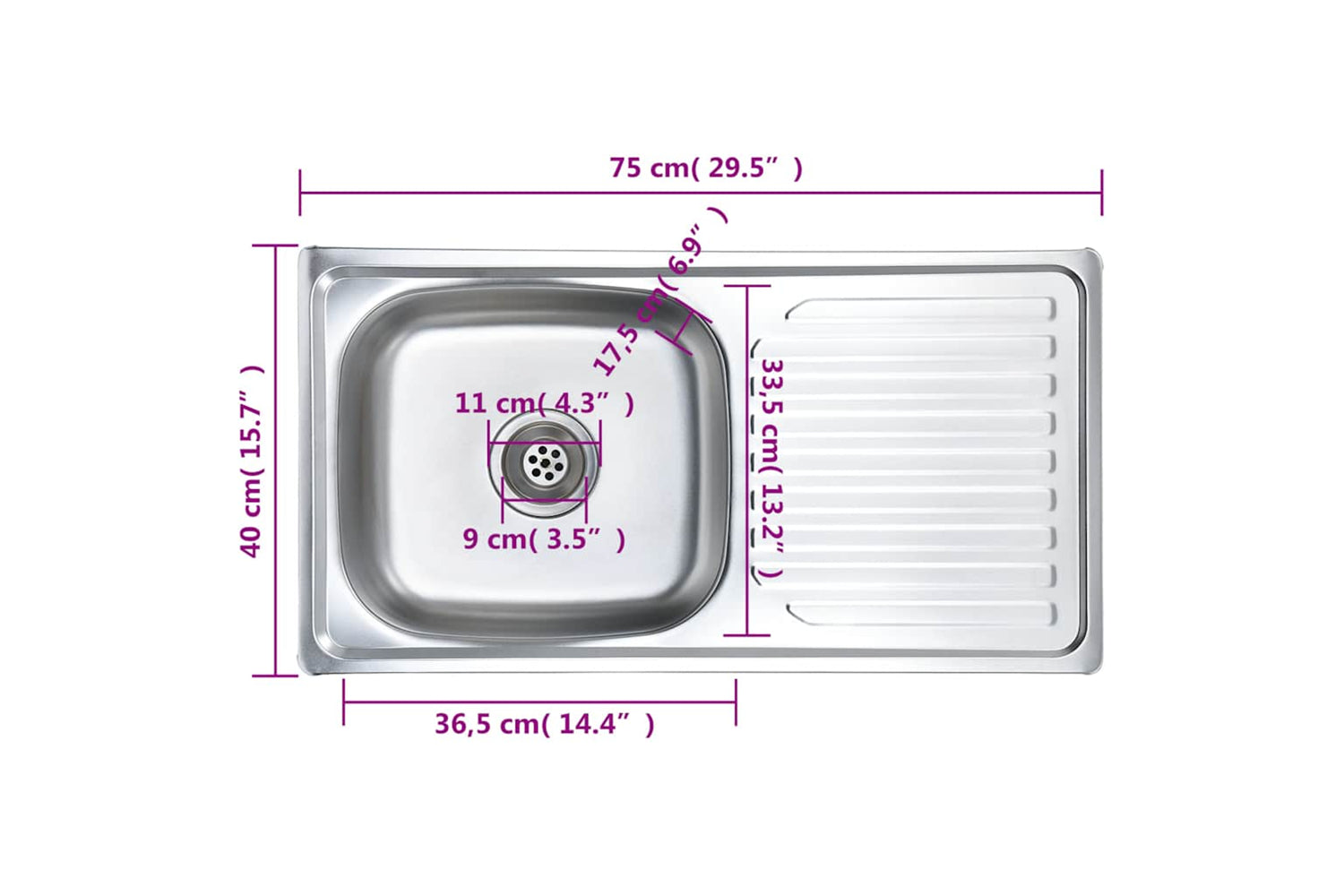 Vidaxl 145073 Kitchen Sink With Strainer And Trap Stainless Steel-8