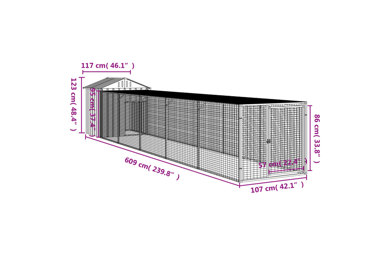 vidaXL 3189075 Chicken Cage With Run Light Grey 117x609x123cm Galvanised Steel-7