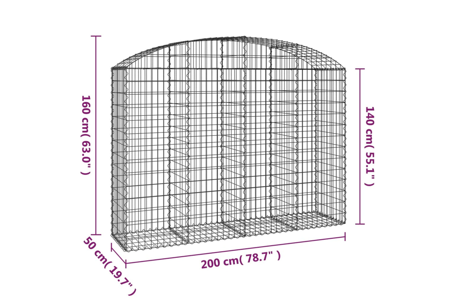 vidaXL 153477 Arched Gabion Basket 200x50x140/160cm Galvanised Iron-4