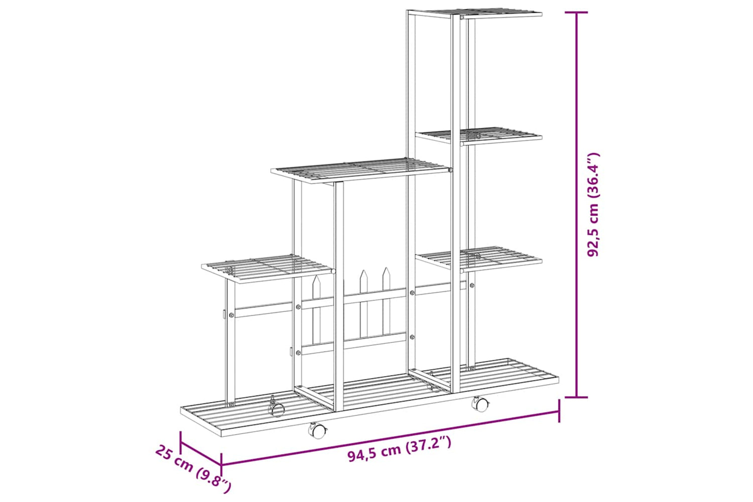 vidaXL 336114 Flower Stand With Wheel 94.5x25x92.5cm Black Metal-7