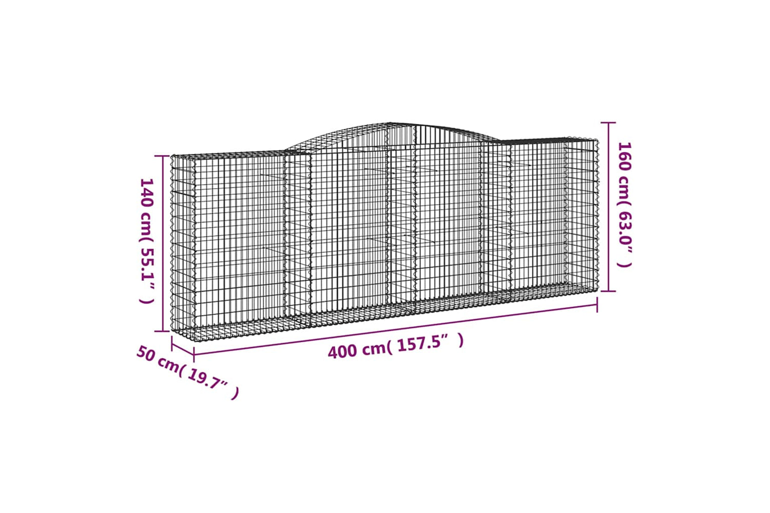 vidaXL 3147025 Arched Gabion Baskets 5 Pcs 400x50x140/160cm Galvanised Iron-5