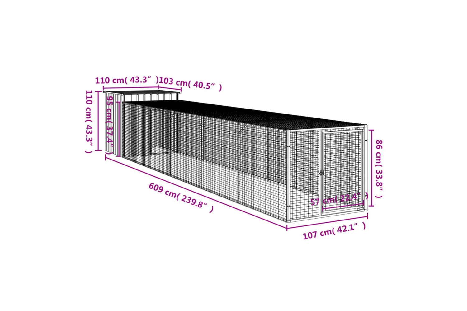 vidaXL 3189095 Chicken Cage With Run Light Grey 110x609x110cm Galvanised Steel-7