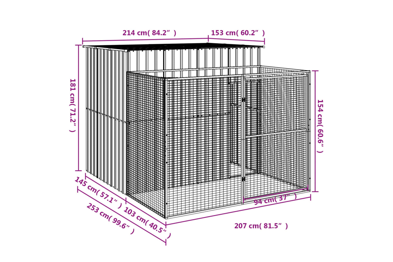vidaXL 3189125 Dog House With Run Light Grey 214x253x181cm Galvanised Steel-7