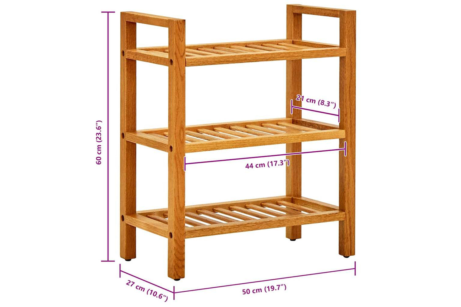 vidaXL 331745 Shoe Rack With 3 Shelves 50x27x60cm Solid Oak Wood-6