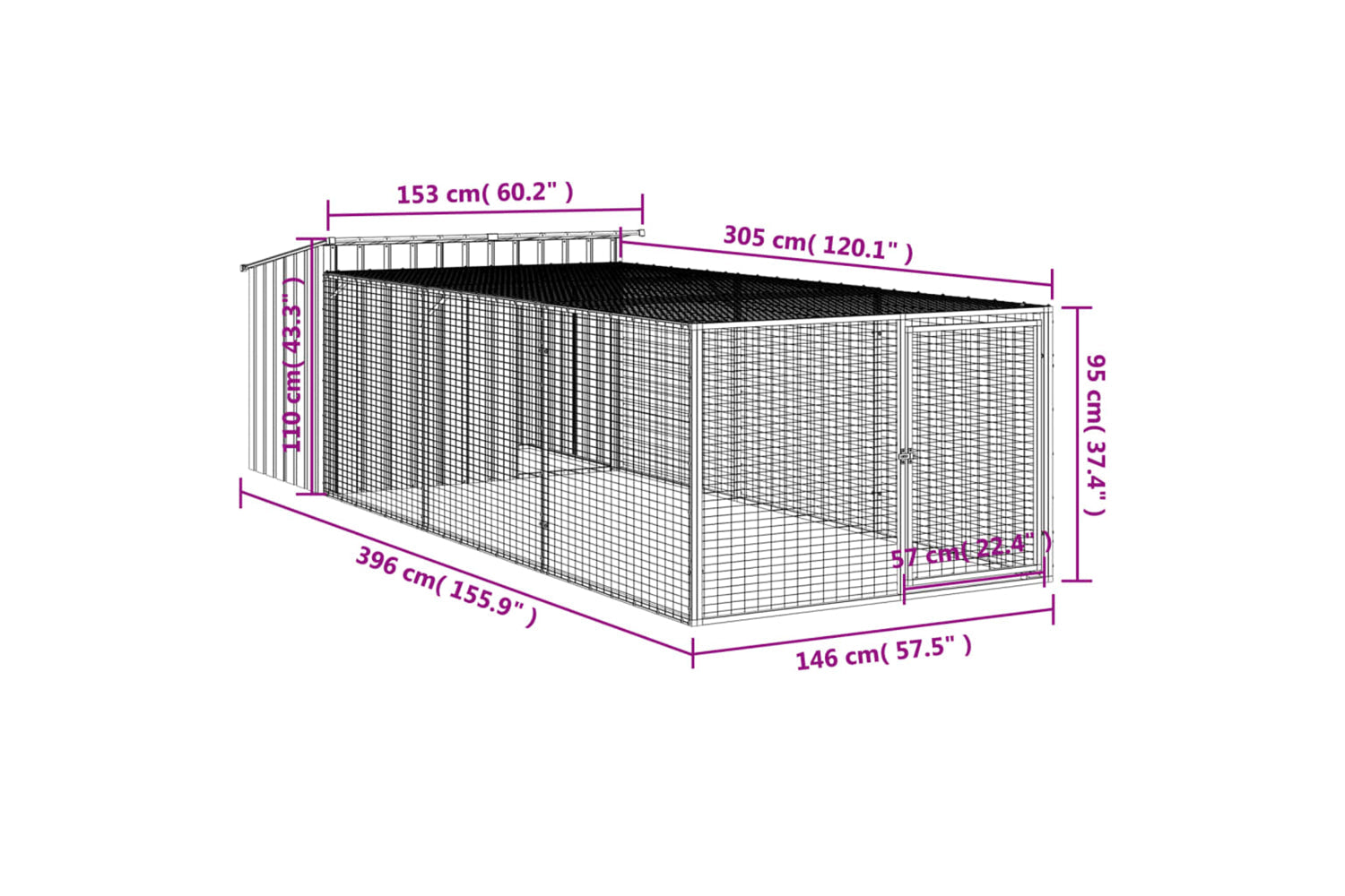 Vidaxl Dog House With Run Anthracite 153x396x110 Cm Galvanised Steel-8