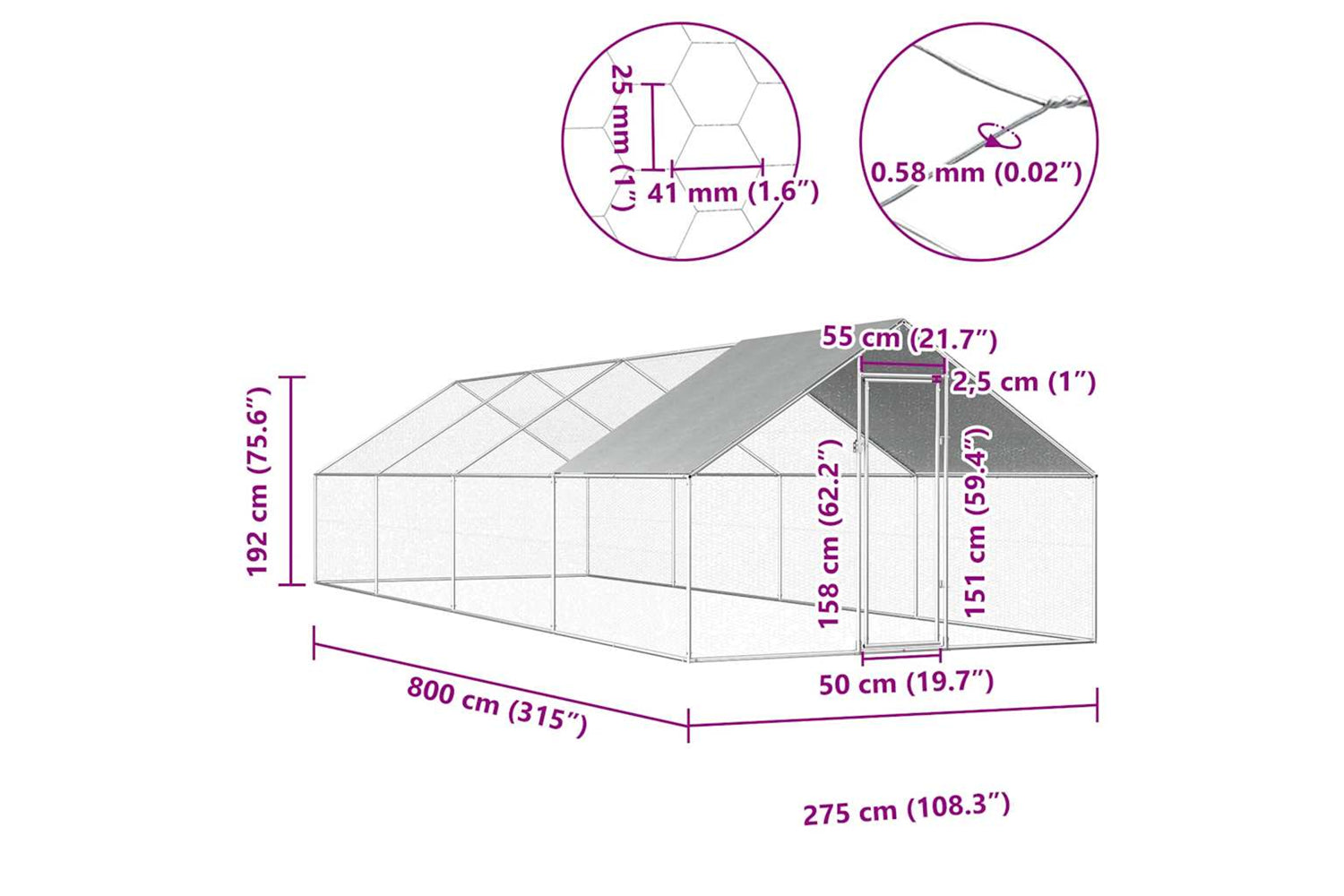 Vidaxl Outdoor Chicken Cage 2.75x8x1.92 M Galvanised Steel-6