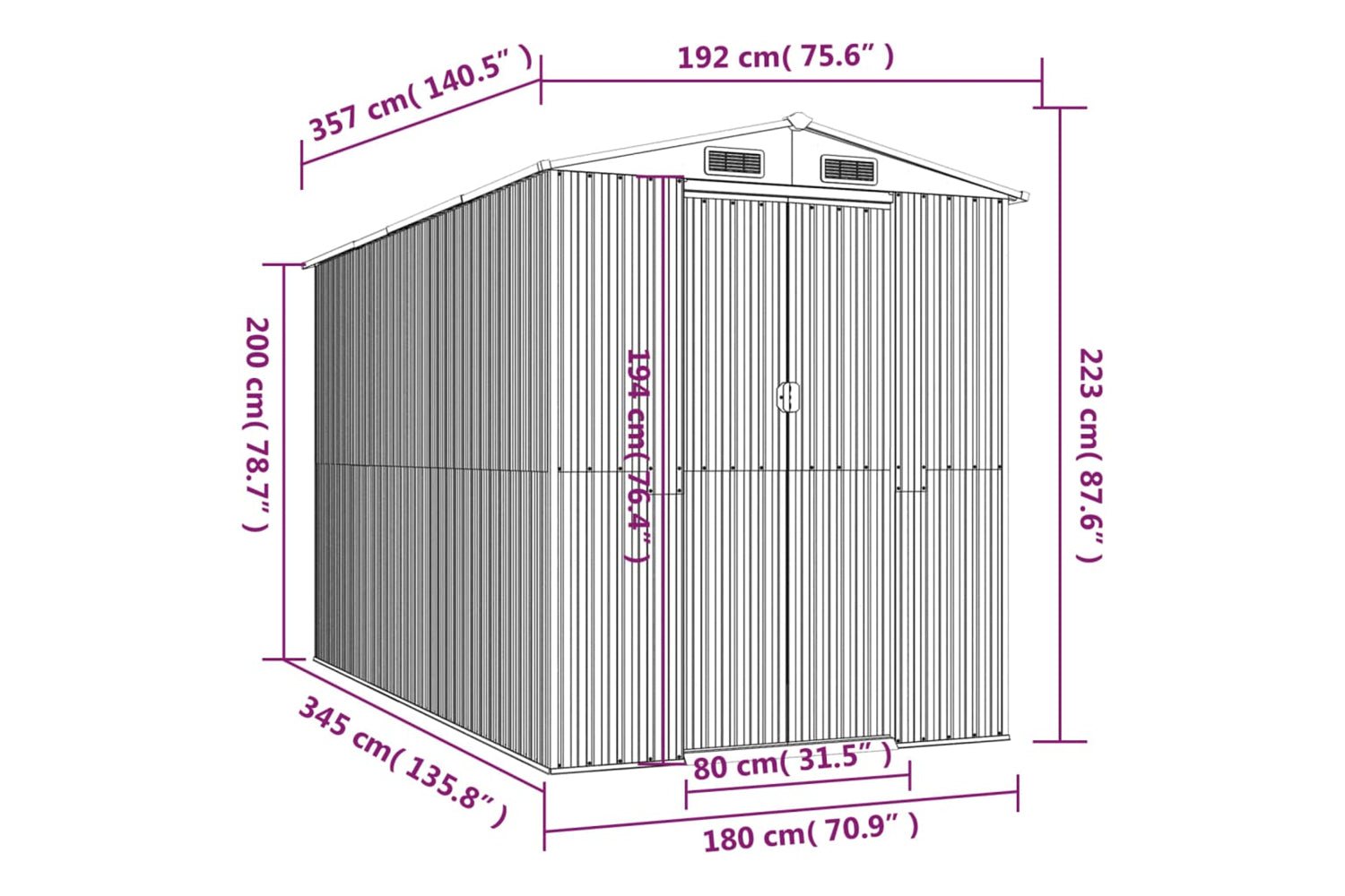 vidaXL 3147451 Garden Shed Anthracite 192x357x223cm Galvanised Steel-7