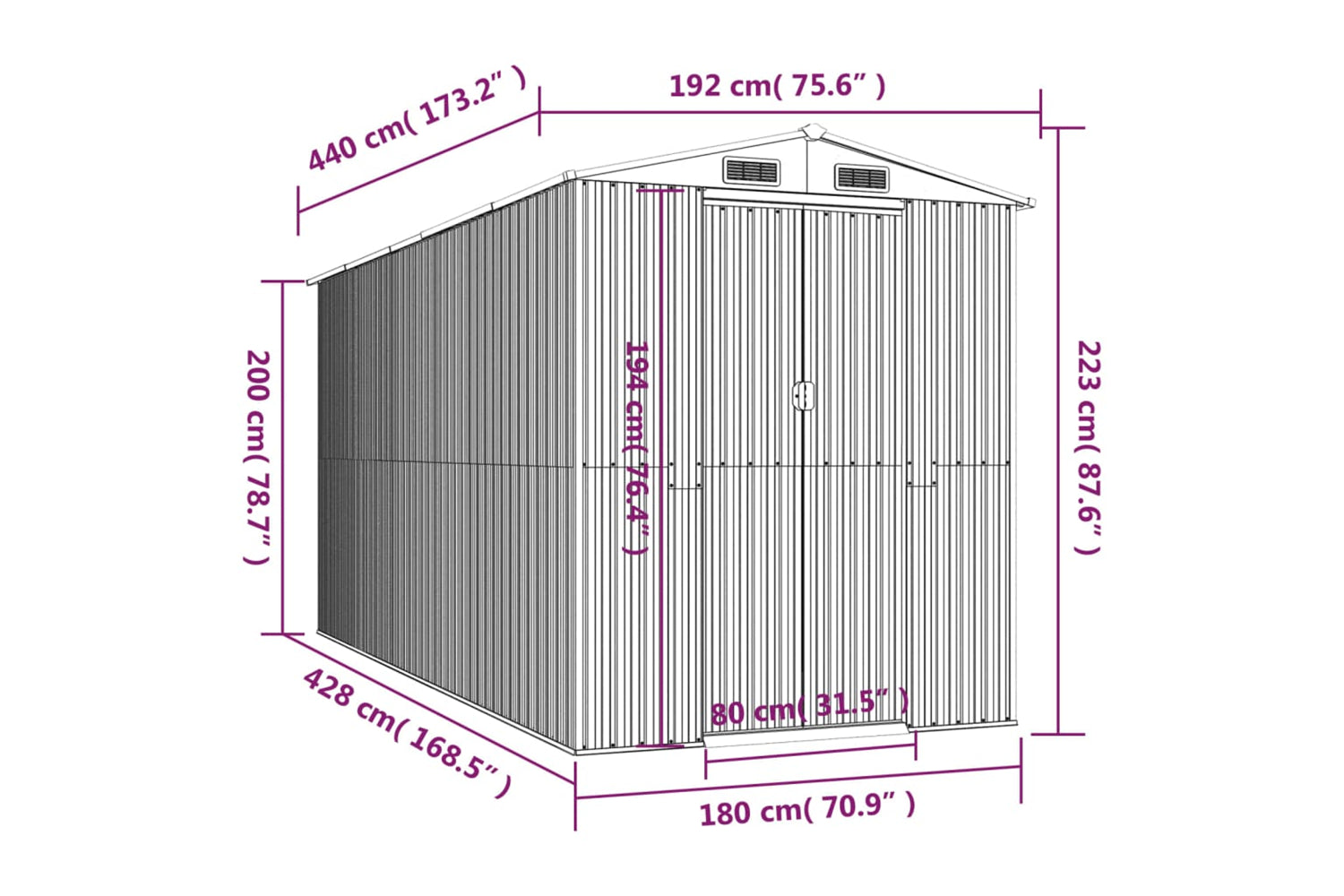 vidaXL 3147452 Garden Shed Anthracite 192x440x223cm Galvanised Steel-7