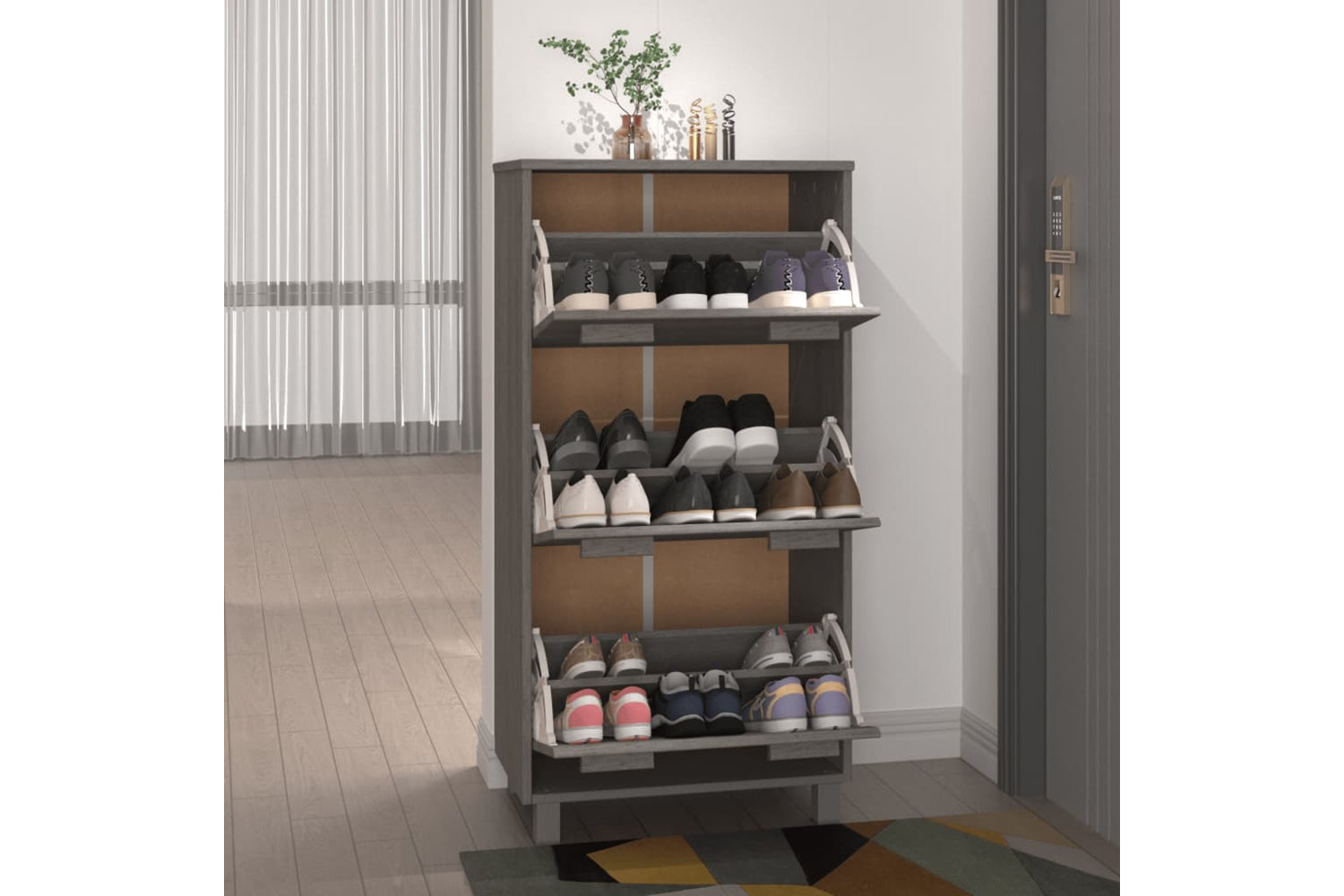 vidaXL Shoe Cabinet Hamar Light Grey 59.5x35x117cm Solid Wood Pine-5