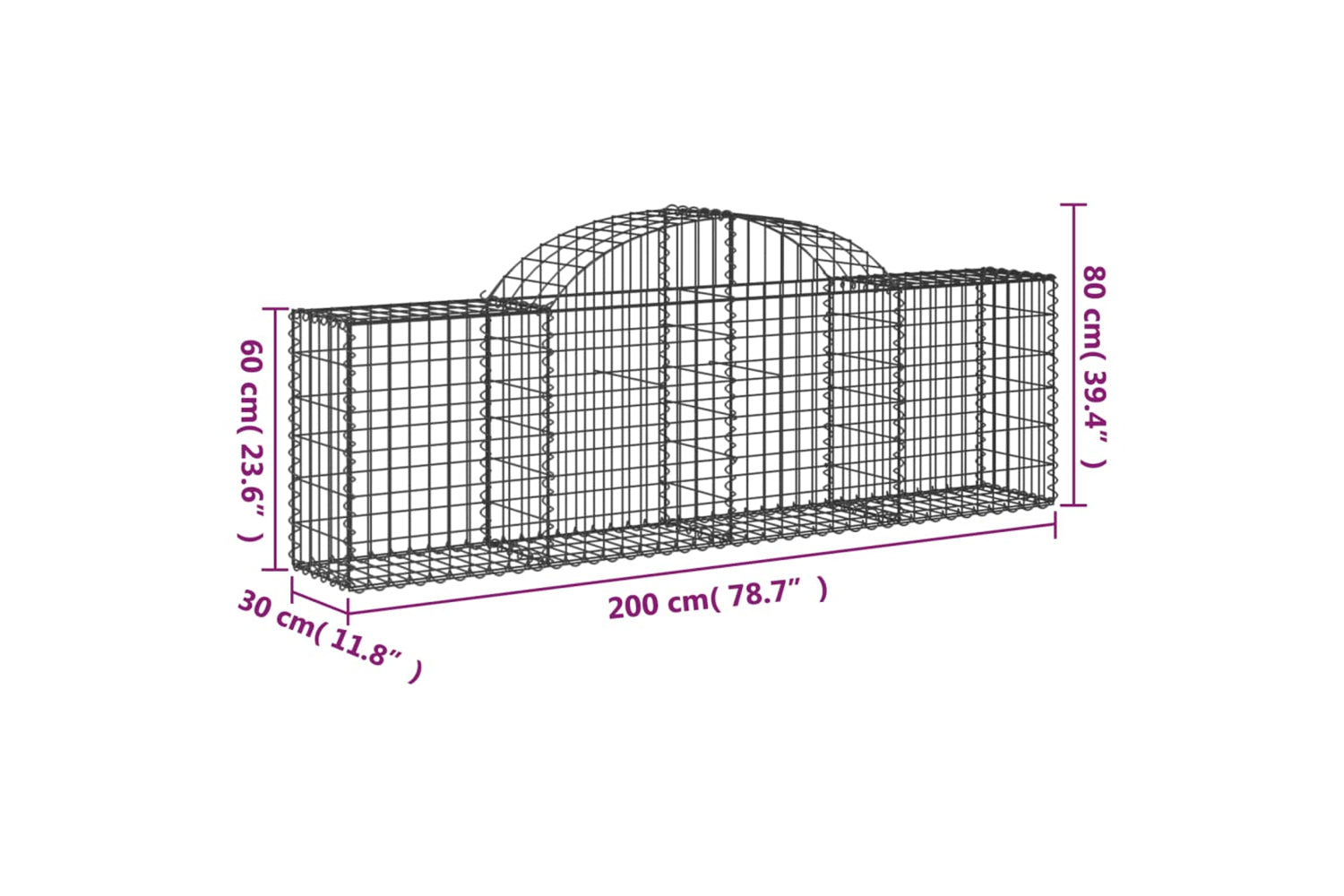 vidaXL 3146075 Arched Gabion Baskets 9 Pcs 200x30x60/80cm Galvanised Iron-5