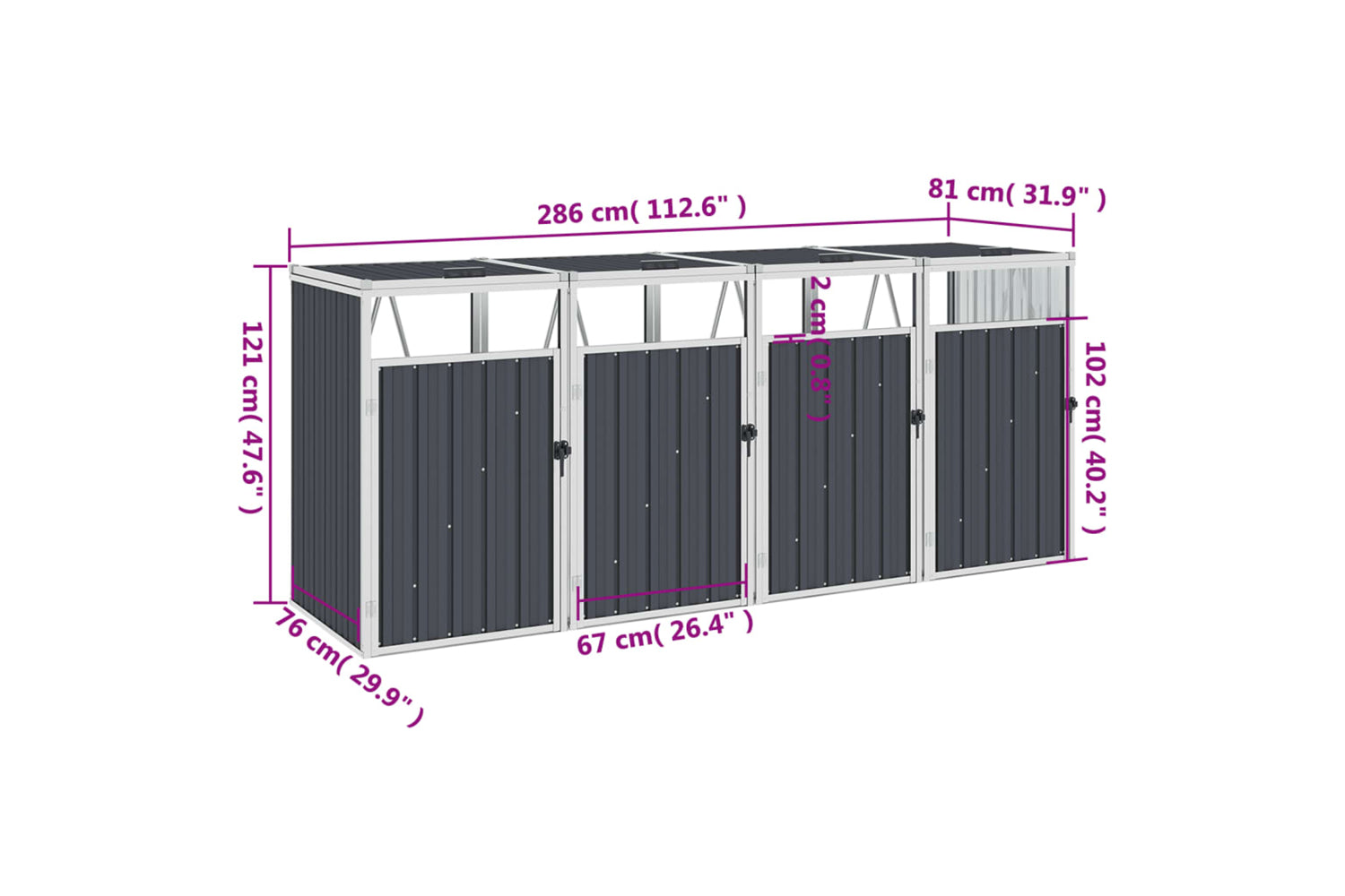 vidaXL Quadruple Garbage Bin Shed Anthracite 286x81x121cm Steel-5