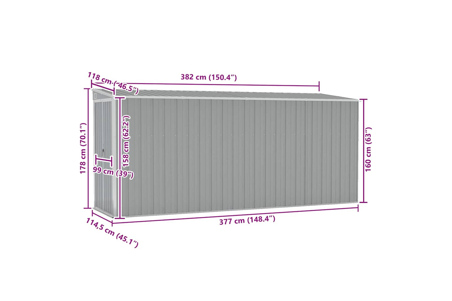 Vidaxl Wall-mounted Garden Shed Grey 118x382x178 Cm Galvanised Steel-6