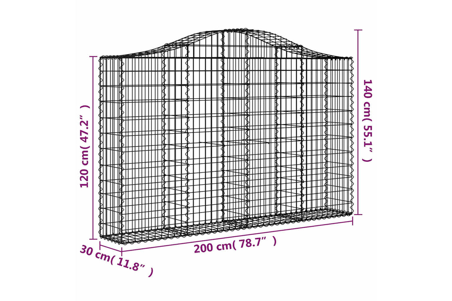 vidaXL 3145452 Arched Gabion Baskets 3 Pcs 200x30x120/140cm Galvanised Iron-5