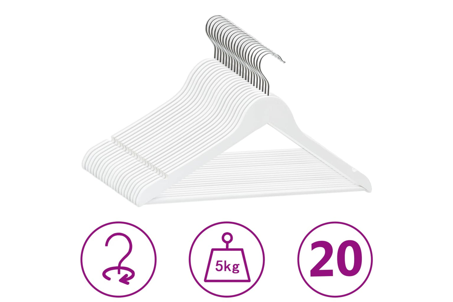 Vidaxl 289914 20 Pcs Clothes Hanger Set Non-slip White Hardwood