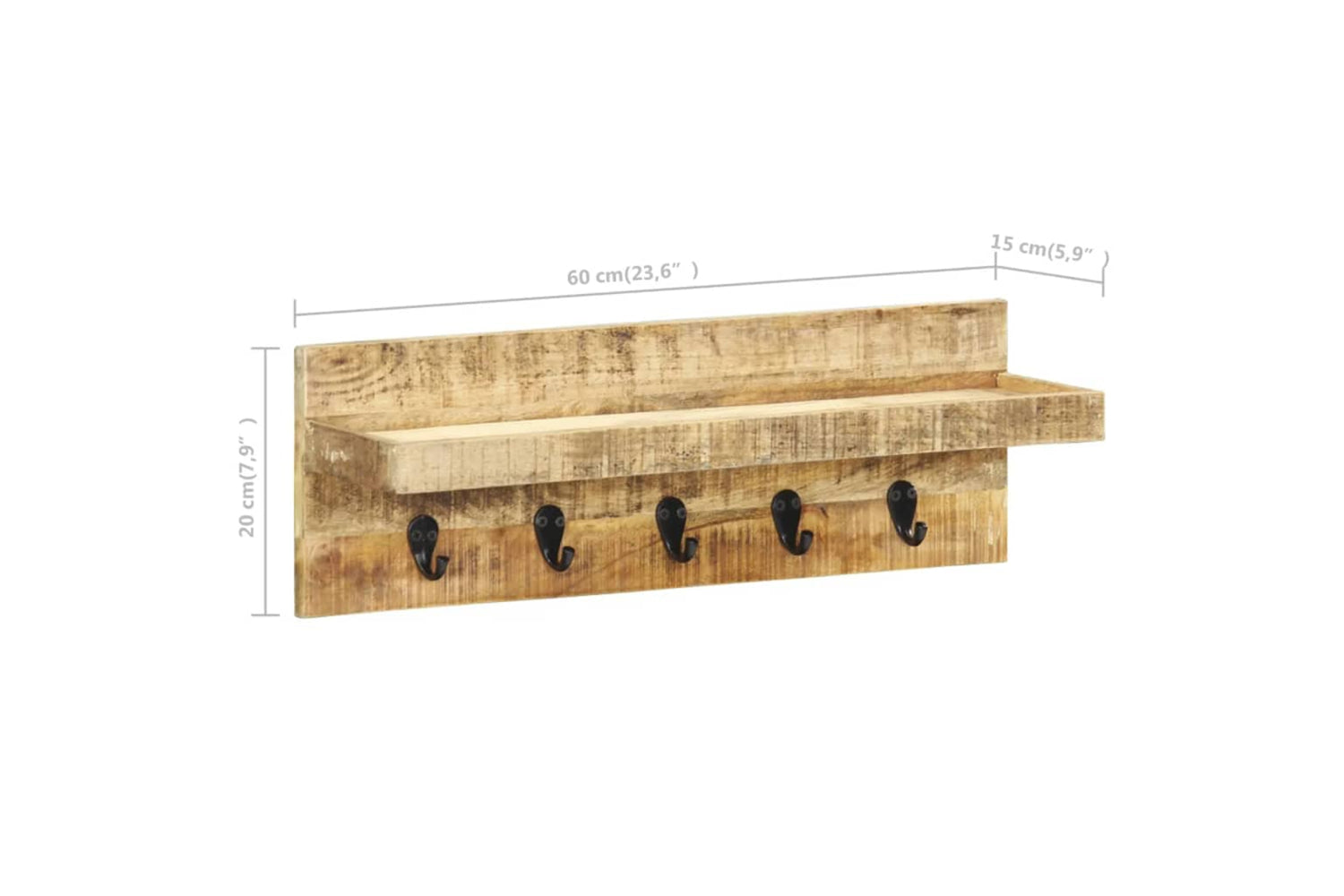 vidaXL 286469 Wall Mounted Coat Rack 60x15x20cm Solid Rough Mango Wood-7
