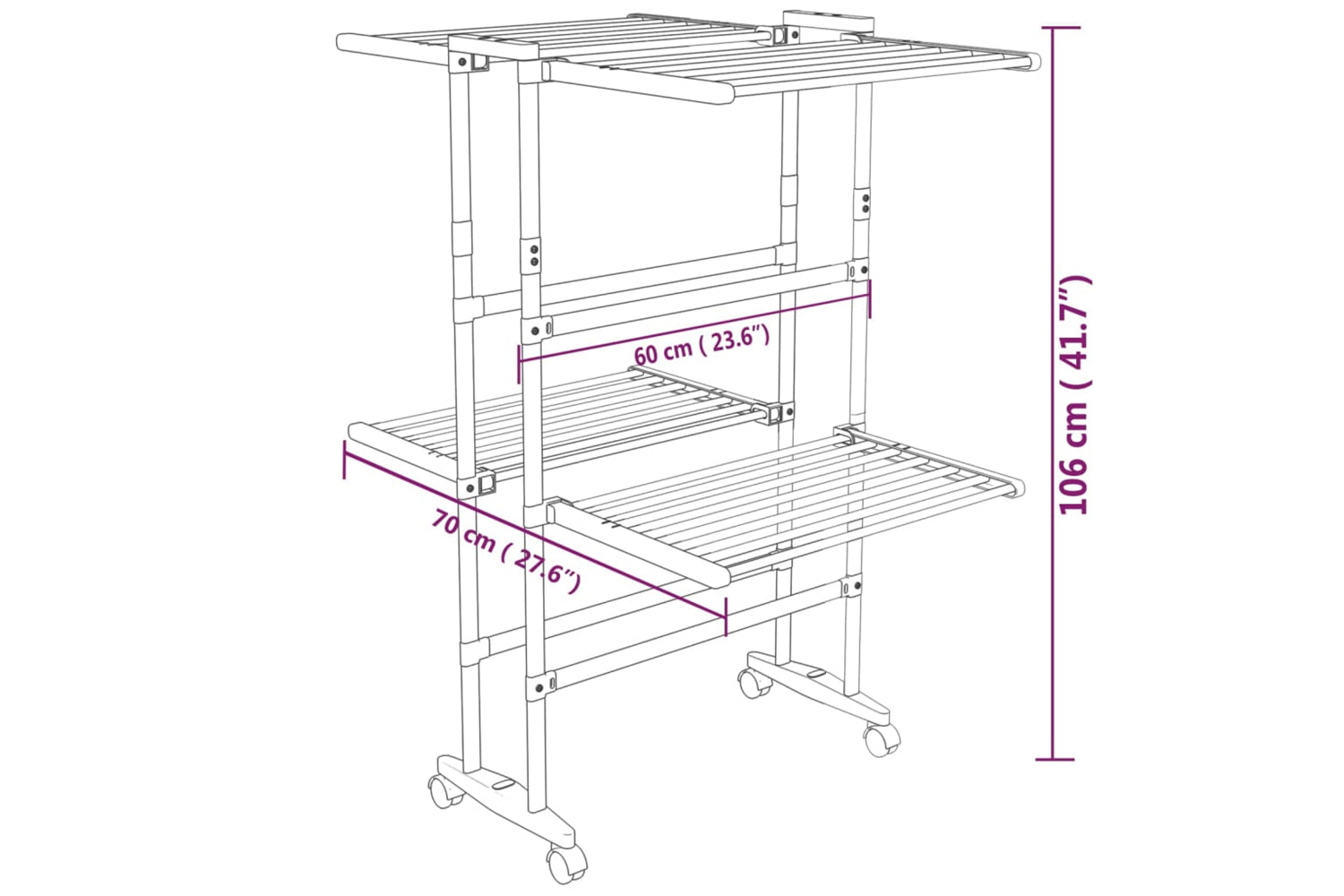 vidaXL 344377 2-tier Laundry Drying Rack With Wheels Silver 60x70x106cm-7