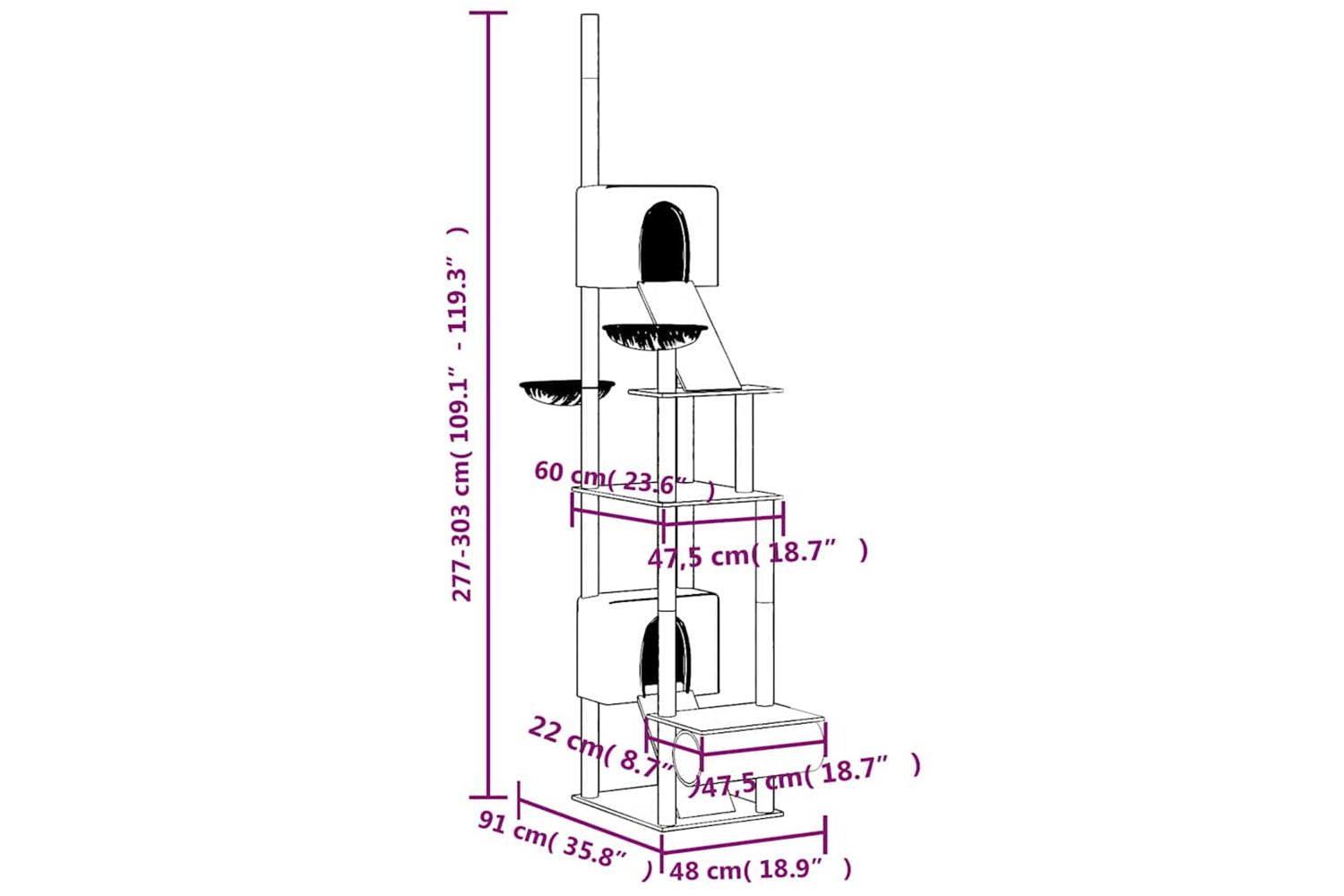 vidaXL 171612 Floor To Ceiling Cat Tree Cream 277-303cm-8