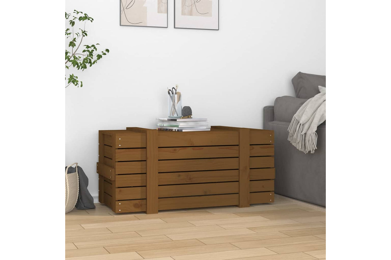 vidaXL 825001 Storage Box Honey Brown 91x40.5x42cm Solid Wood Pine-2