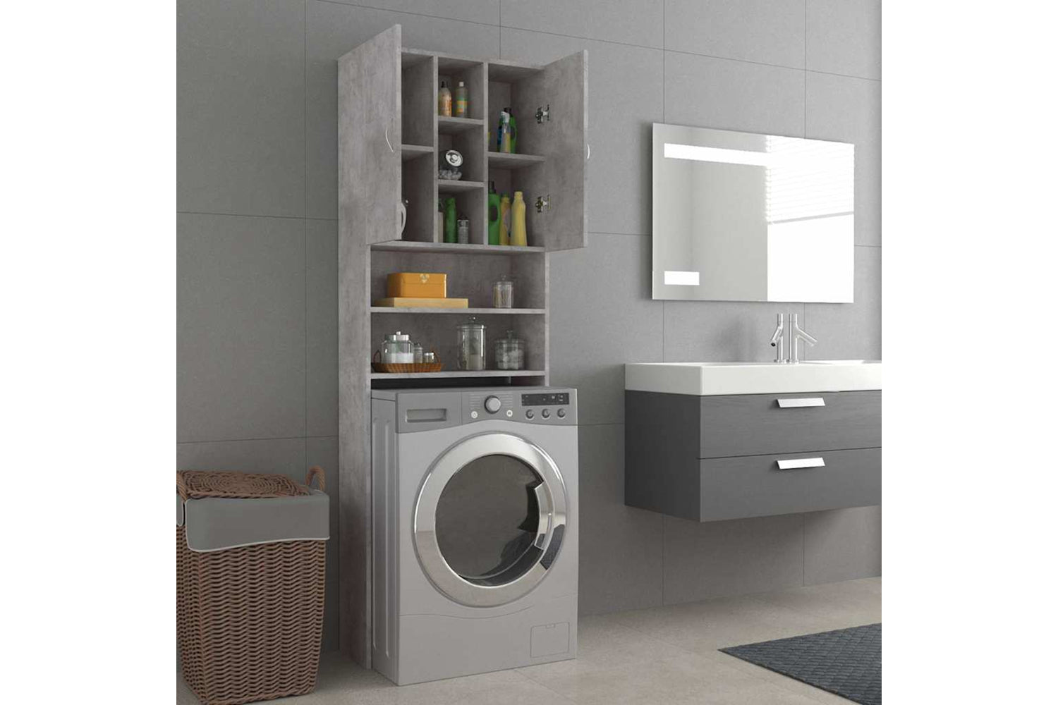 Vidaxl 808426 Washing Machine Cabinet Concrete Grey 64x25.5x190 Cm-6