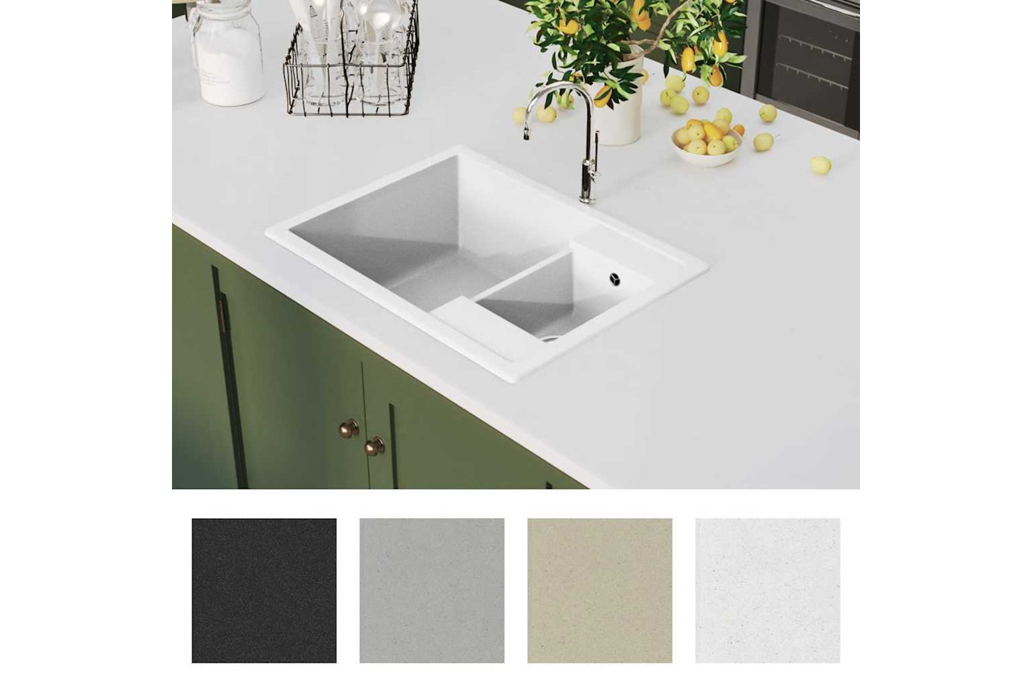 Vidaxl Kitchen Sink With Overflow Hole Double Basins White Granite-5