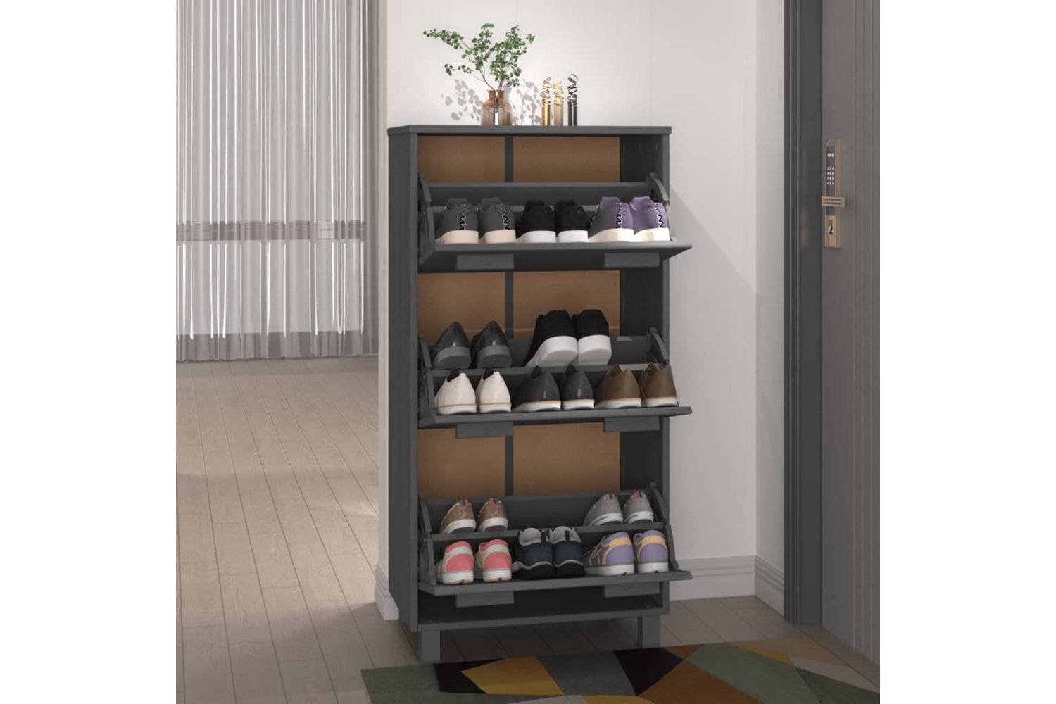 vidaXL Shoe Cabinet Hamar Dark Grey 59.5x35x117cm Solid Wood Pine-5