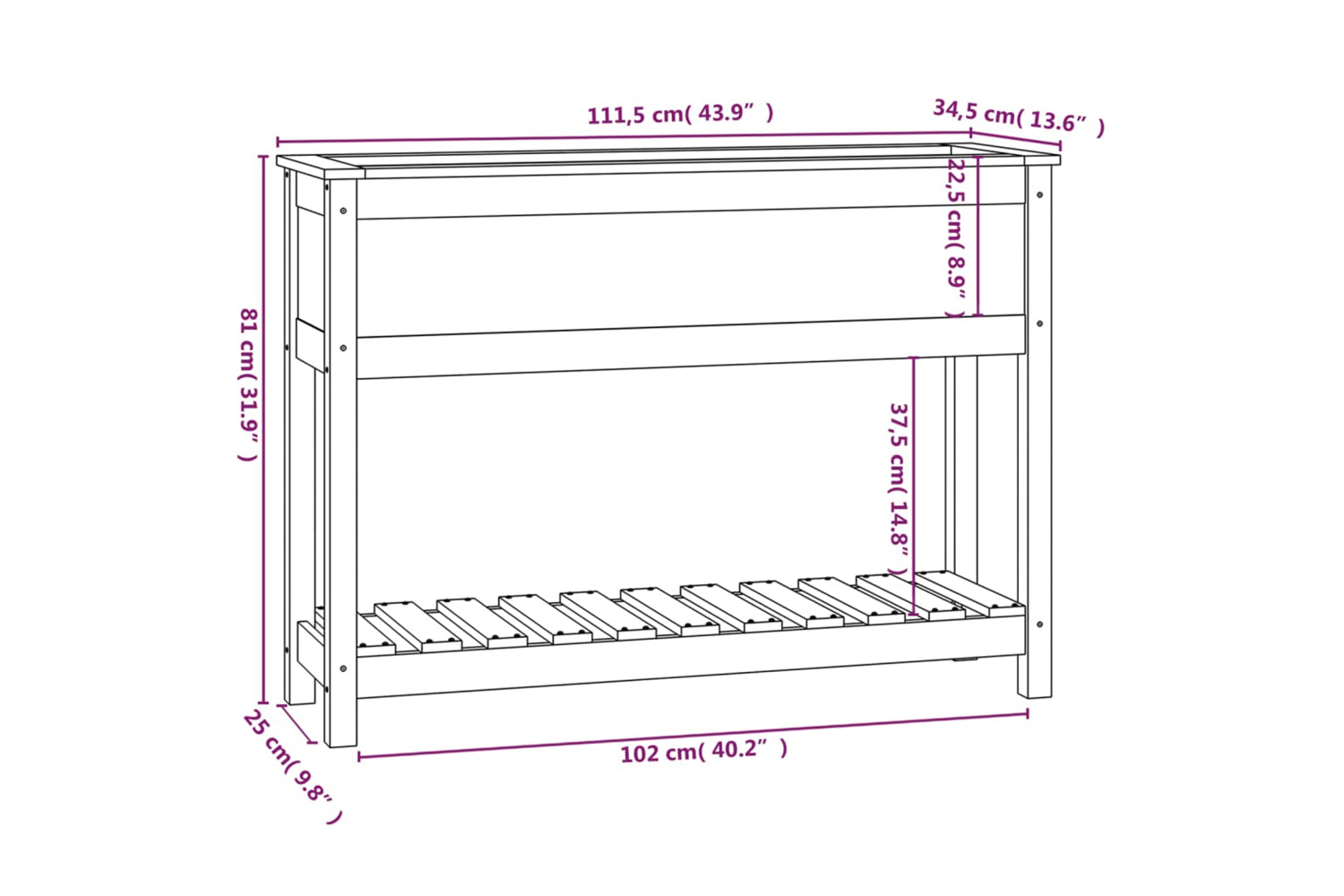 vidaXL 823770 Planter With Shelf Black 111.5x34.5x81cm Solid Wood Pine-7