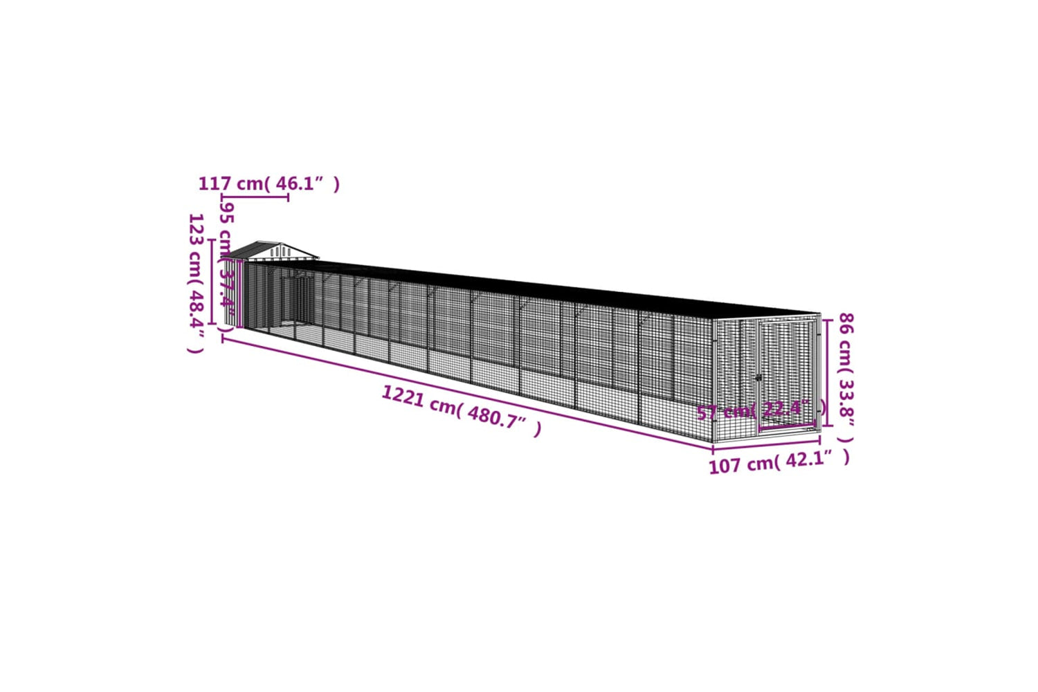vidaXL 3189078 Chicken Cage With Run Light Grey 117x1221x123cm Galvanised Steel-7