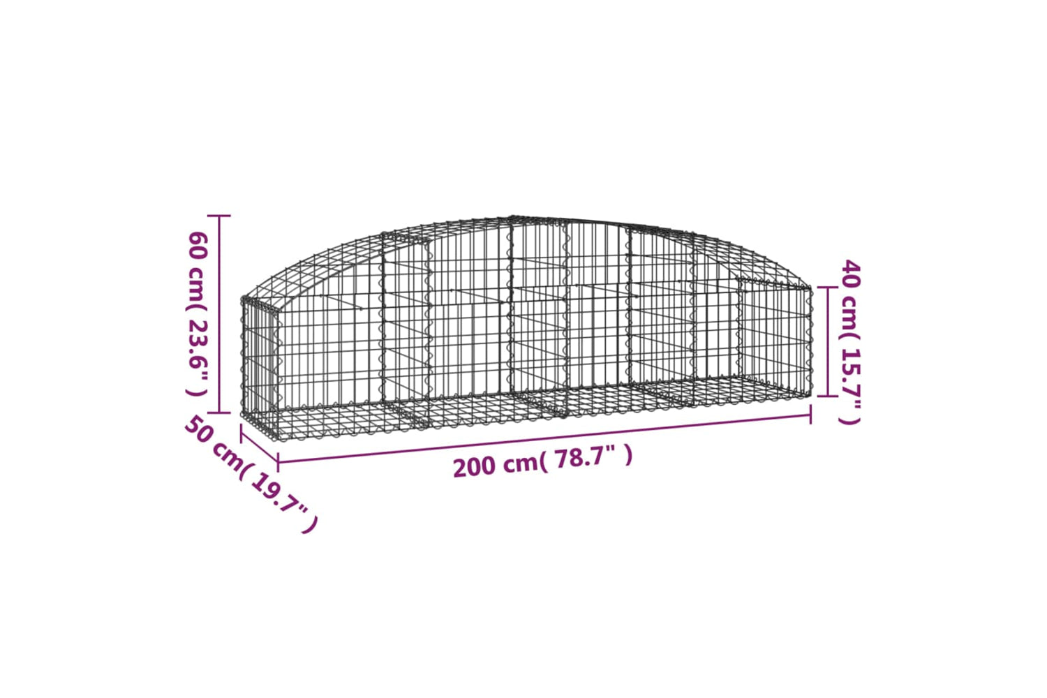 vidaXL 153472 Arched Gabion Basket 200x50x40/60cm Galvanised Iron-4