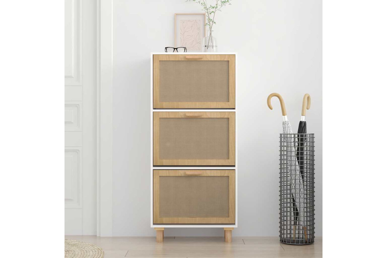 vidaXL 345648 Shoe Cabinet White 52x25x115cm Engineered Wood&natural Rattan-2